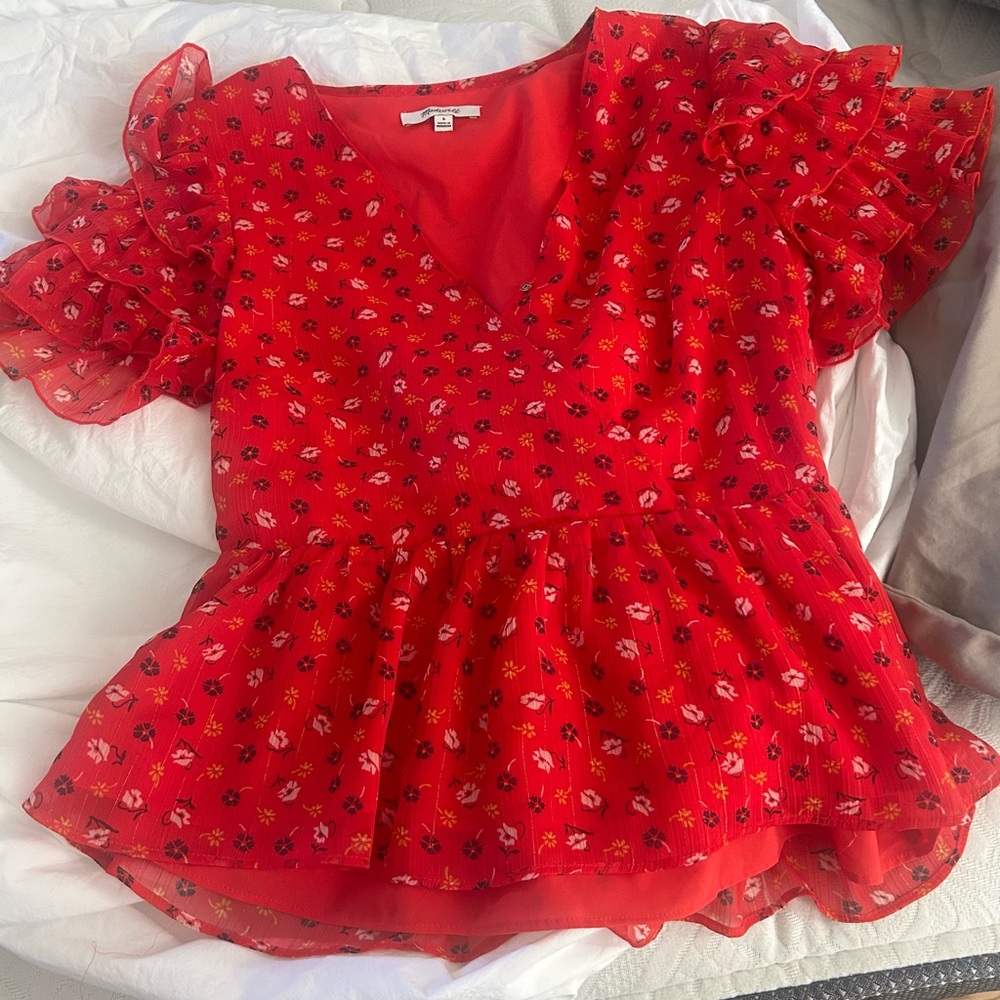 Madewell Red Floral Blouse peplum size 6
